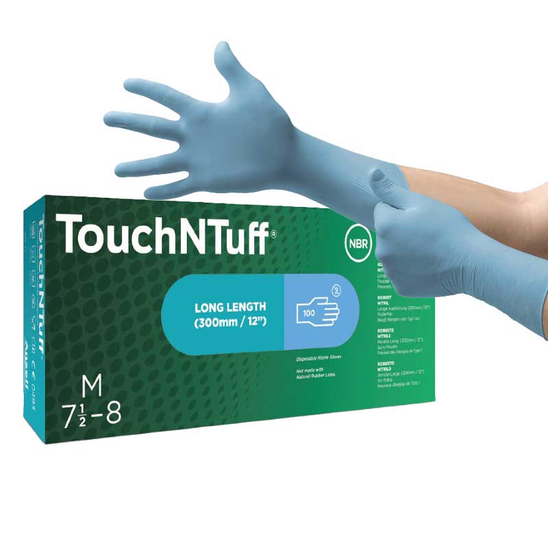 Ansell TouchNTuff 92-665 Powder-Free Disposable Extended-Cuff Nitrile Gloves